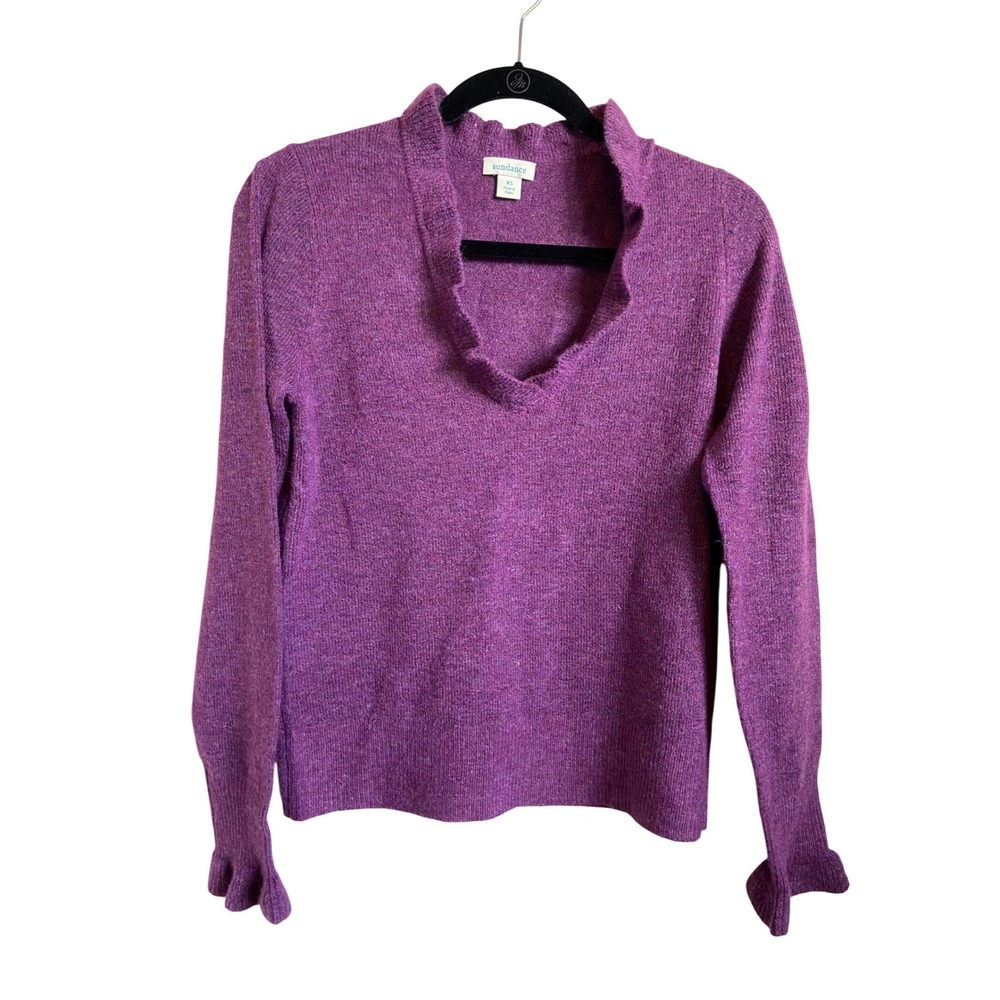 Sundance Purple Ruffle V-Neck Heathered Knit Sweater Womens XS Long Sleeve